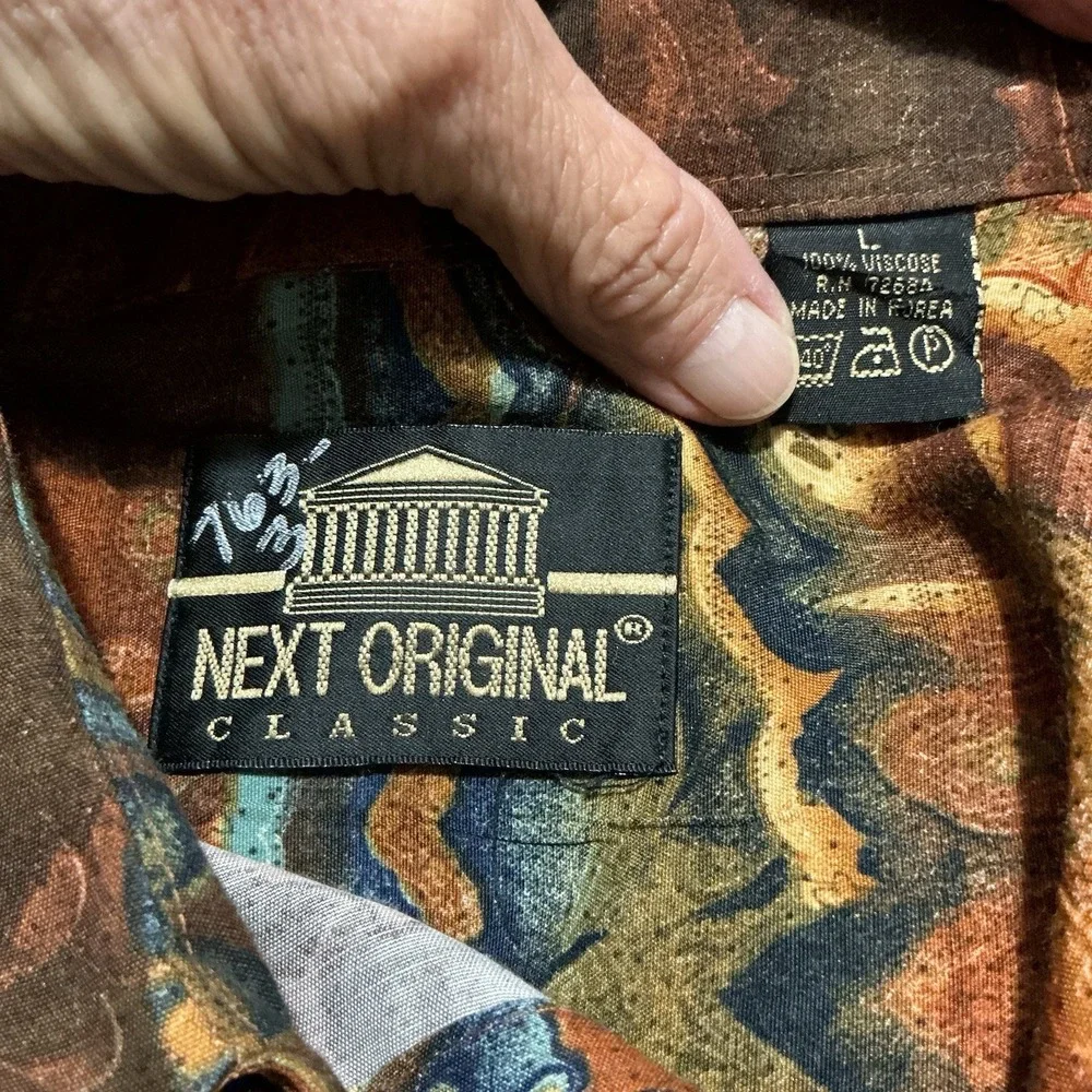 Next Original Classic Button Down Shirt Short Sleeve L Browns Abstract Print Men